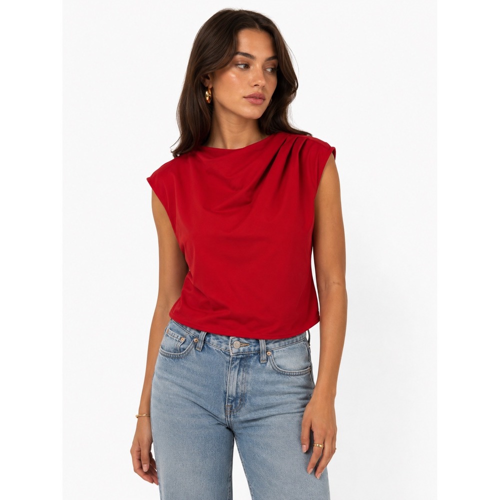Carolyn Taylor Draped Mock Neck Top Women L Red Sleeveless Pleated Shell Office